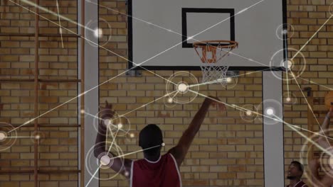 animation of network of connections over basketball match in gym