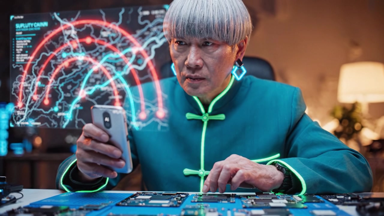 En fokuseret person analyserer komplekse kredsløb og forsyningskædeanalyse på en smartphone, hvilket effektivt forener teknologi og strategisk planlægning på en moderne arbejdsplads.