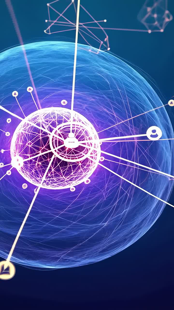Video verticale: telecamera in movimento che mostra una sfera metallica che forma un guscio in una rete di dati, connettendo nodi
