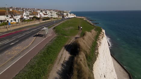 Tall-Cliffs-on-Ocean-Coastline-of-Rottingdean,-Brighton,-UK---Aerial