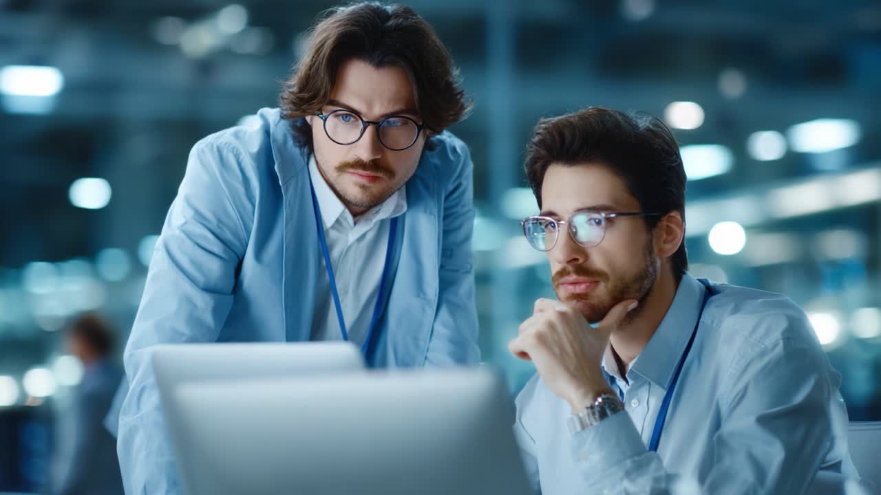 Two Professional Colleagues Analyzing Data on a Laptop in a Modern Office Environment, Illuminated by Soft Lighting and Showing Focused Expressions
