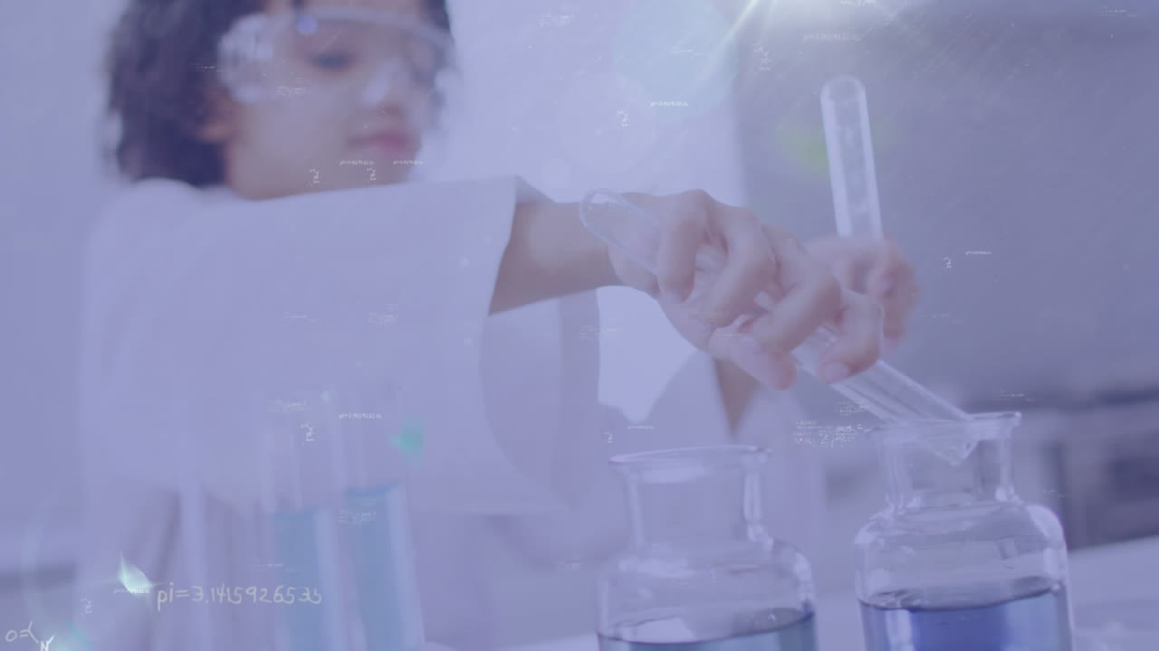 수학적 합의의 애니메이션으로 두 인종의 소년이 시험관에서 액체를 컵에 부어 넣습니다.