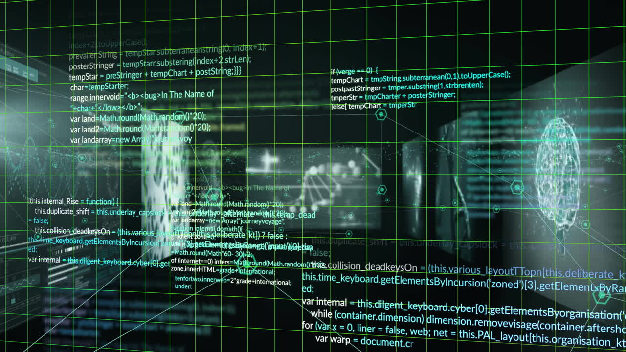 Animation of computer programming language over multiple medical interfaces over black background