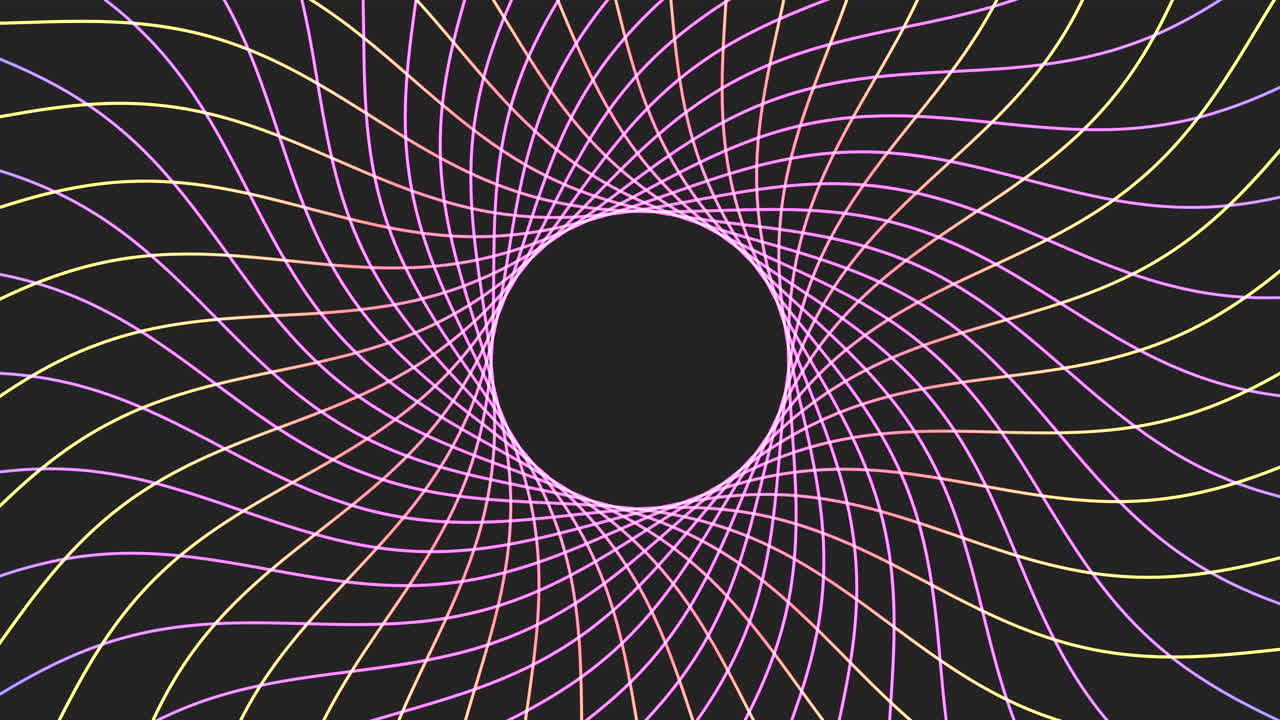 A dynamic black and yellow spiral on a dark background. The spiral, composed of colored lines, spins clockwise with thick yellow lines and thin purple lines creating a captivating visual effect