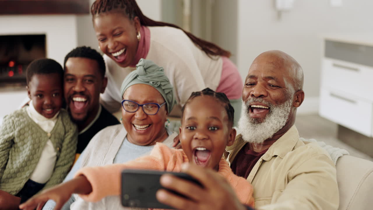 Family, selfie and laughing on sofa at home