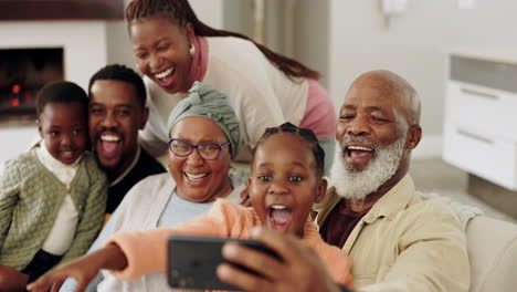 family, selfie and laughing on sofa at home