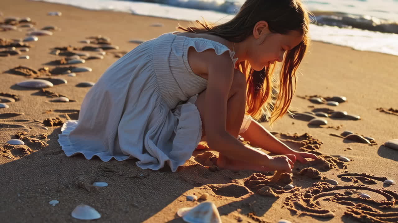 Girl Playing in the Sand at Sunset Beach