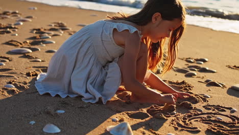 girl playing in the sand at sunset beach
