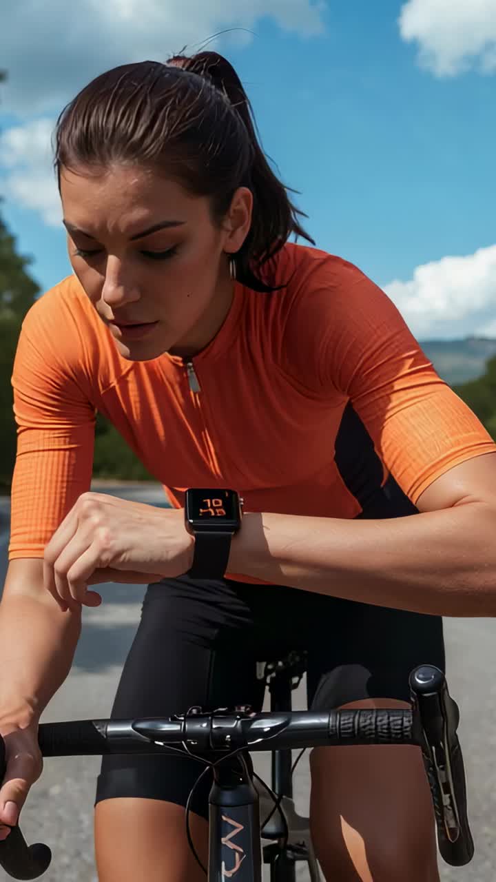 Vertical video: Riding cyclist checking smartwatch after wrist glance on road, orange jersey