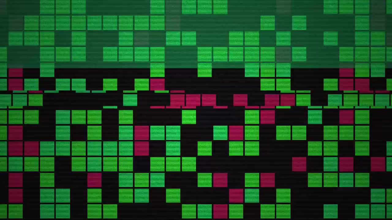 Sfondo Digitale Glitch Astratto con Quadrati Verdi e Magenta in Movimento