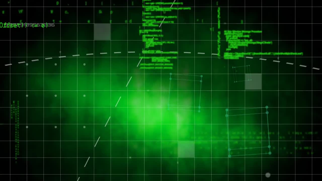 Digital animation of data processing over grid network against cube shapes on green background