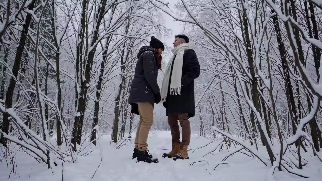 Video con ripresa dal basso angolo di una coppia in piedi in una foresta innevata, circondata da alberi spogli