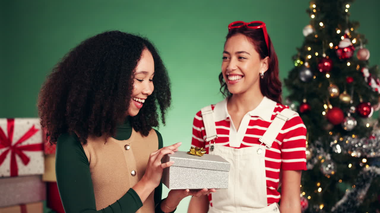 Two women celebrating Christmas with a gift