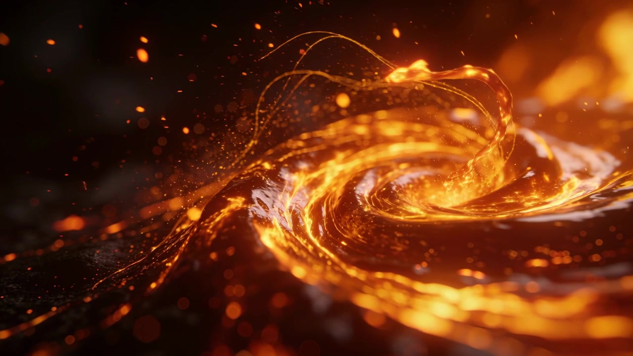 Vortice fuso a spirale che stringe e solleva nastri in studio a causa del calore, emettendo braci e bagliori.