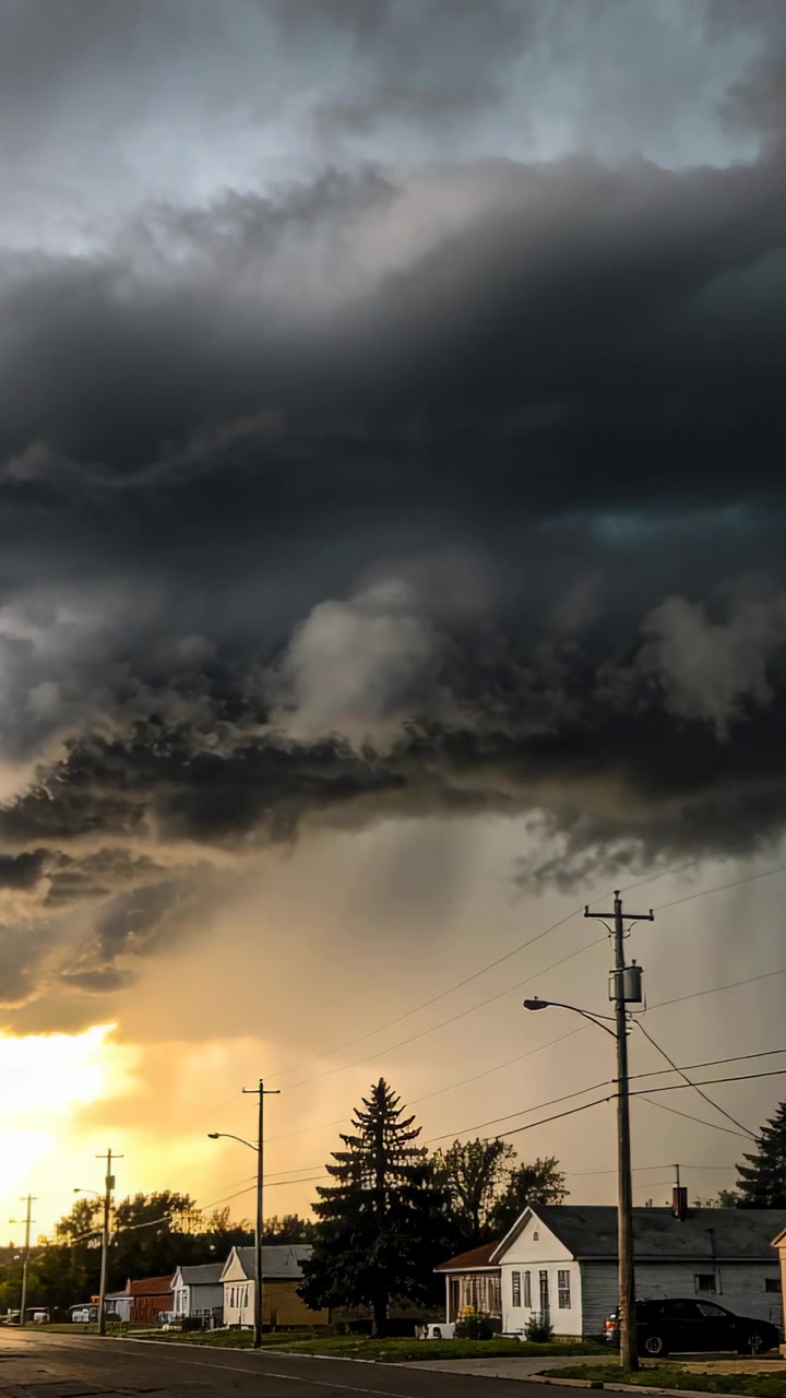 Vertical video: Filling dark sky, storm moving across suburb at sunset, bringing rain, homes, poles