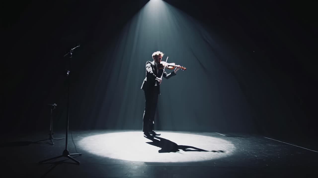 A dramatic video scene with a low-angle shot of a violinist in a spotlight on a dark stage