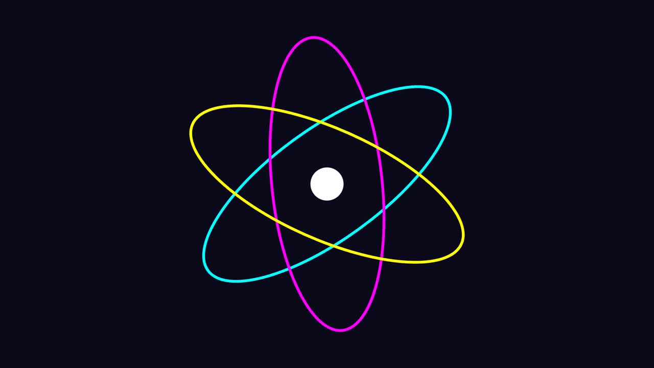 3D render of orbital rings rotating around central core on dark background creating atom style animation designed for science visuals, motion graphics and video overlays
