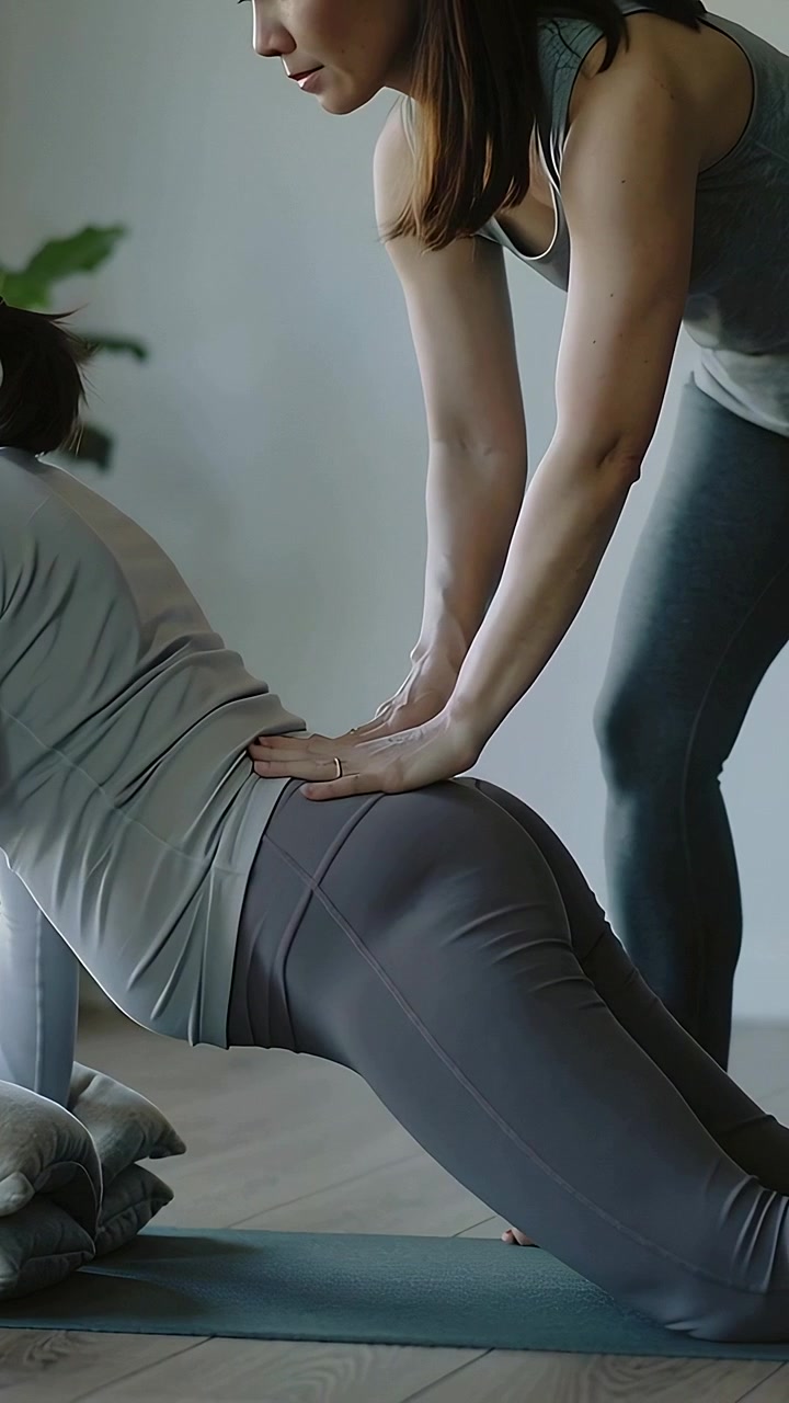 Video verticale: Donna con top grigio che riceve le mani dell'insegnante che allinea i fianchi su un tappetino color ottanio con cuscino