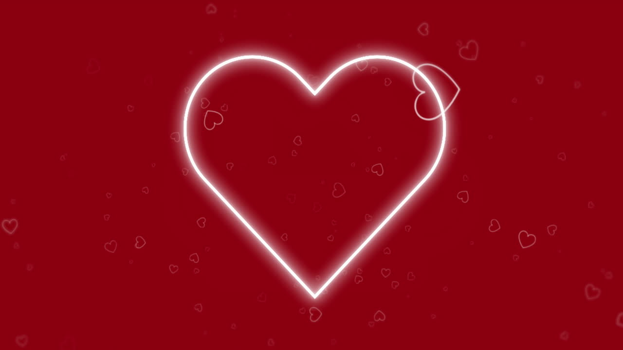 animación de iconos de corazones rojos flotando y corazón de neón en fondo rojo
