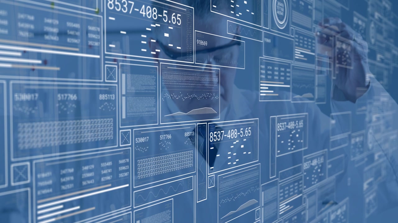 Senior male scientist jotting notes and causing holographic data panels appearing for data analysis