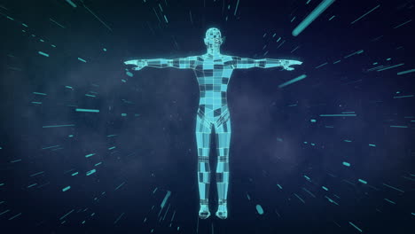 Animation of blue 3d cuboid body shape rotating over light trails on dark sky background