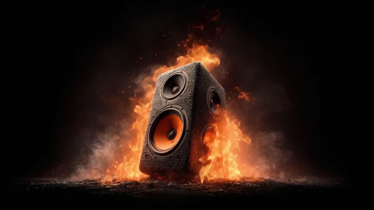 A Powerful Speaker Erupts in Vibrant Flames, Showcasing the Fusion of Sound and Visual Energy in an Electrifying Display of Modern Audio Technology