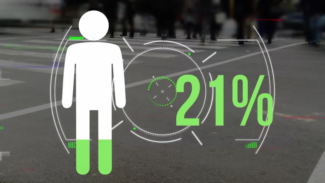 animación del icono de la persona y el porcentaje sobre el escaneo de alcance y la gente caminando.