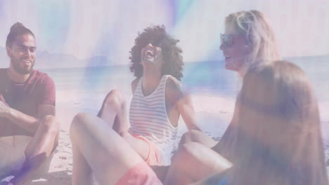four friends holding business meeting on sandy beach, with animated chart and money bag icons