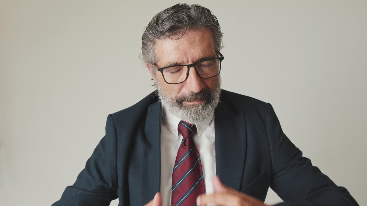 Mature Businessman Putting on Suit Jacket and Adjusting Tie