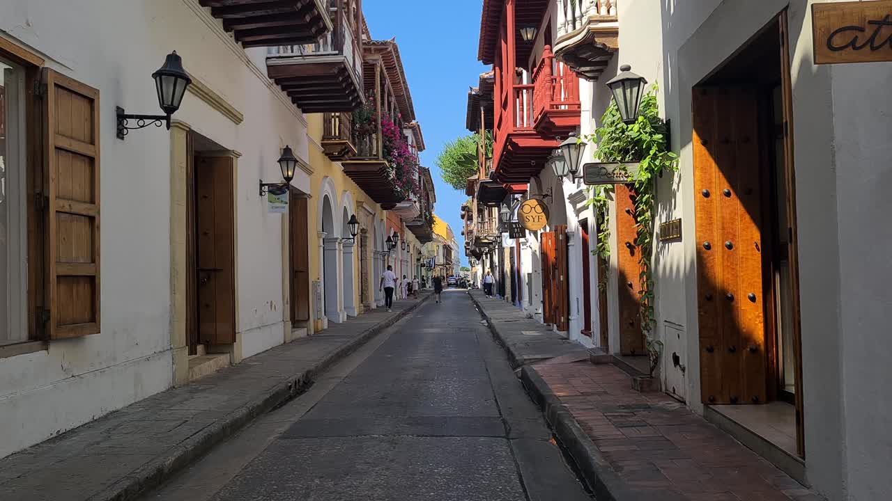 Cartagena, Colombia. Narrow Street Between Colonial Buildings in Old Town