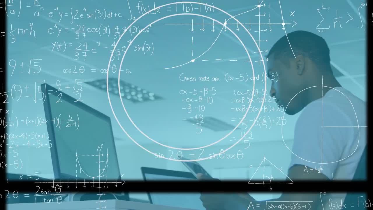 Animation of scope and mathematical equations over businessman using tablet in office