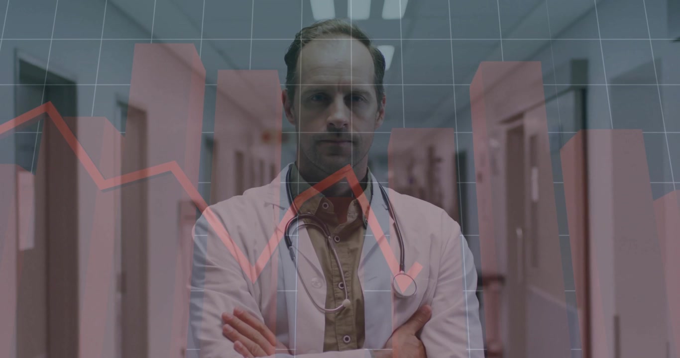 Medical grid overlay appearing behind doctor in corridor, animating red bars and fluctuating line