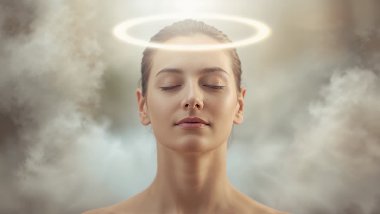 Un alone luminoso appare sopra una donna, modella che mantiene una posa calma a spalle scoperte in studio, nebbia che si dissolve