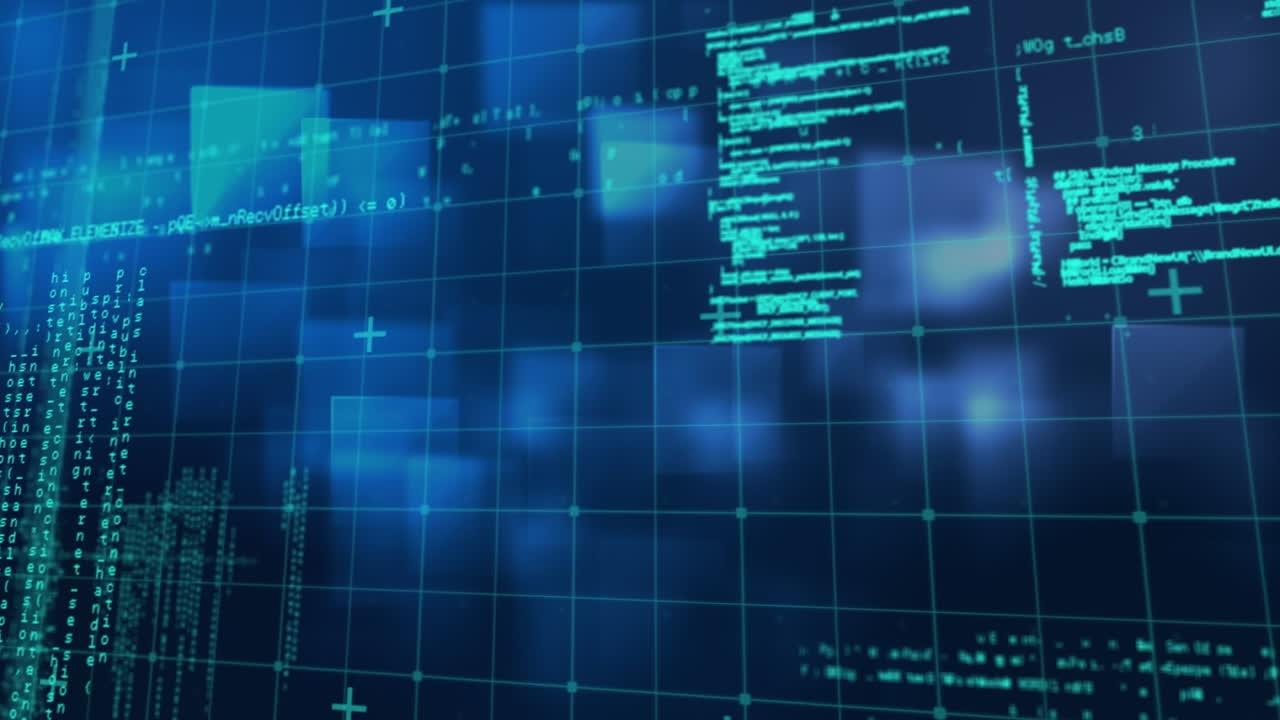 animación del procesamiento de datos digitales sobre cuadrícula sobre fondo azul