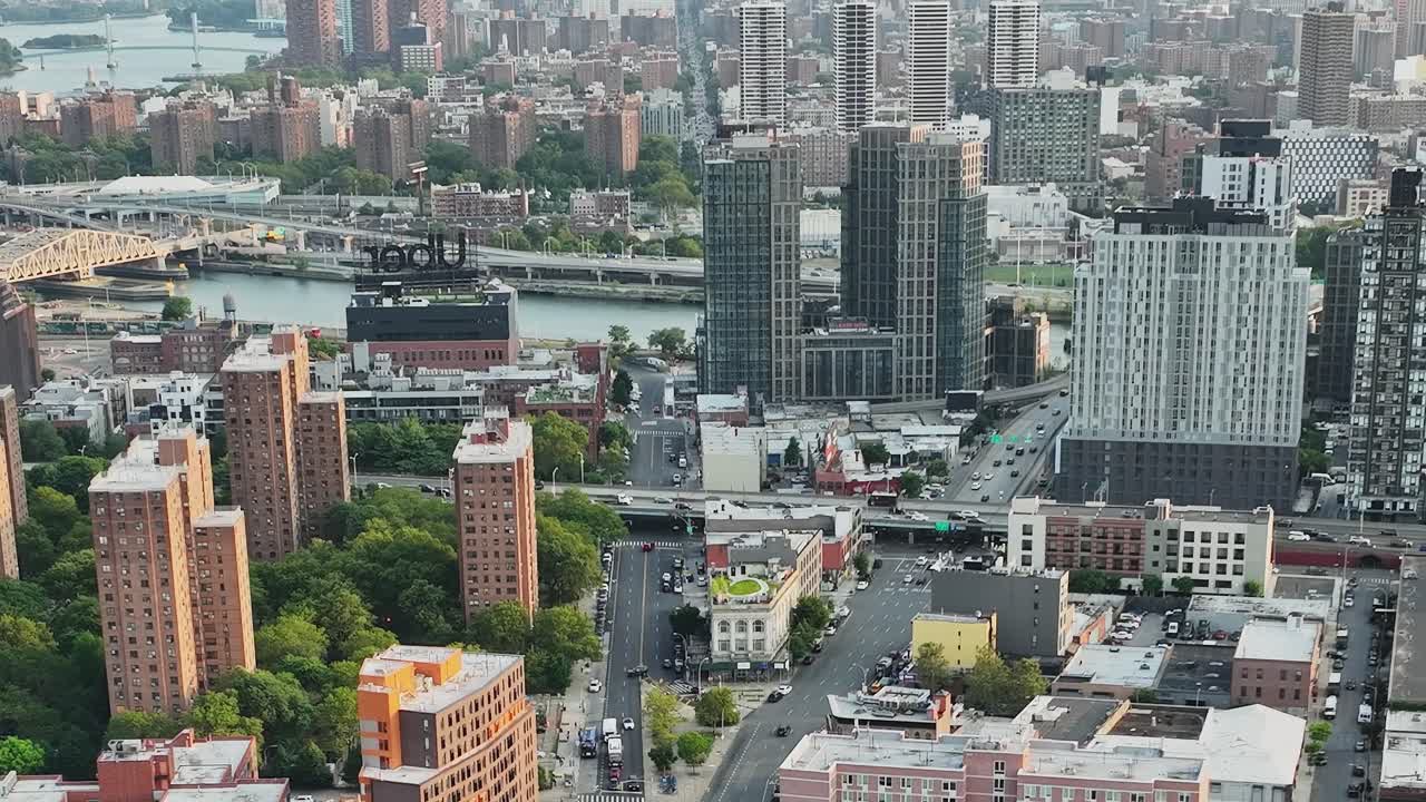 Aerial view of urban landscape in New York City with river and buildings