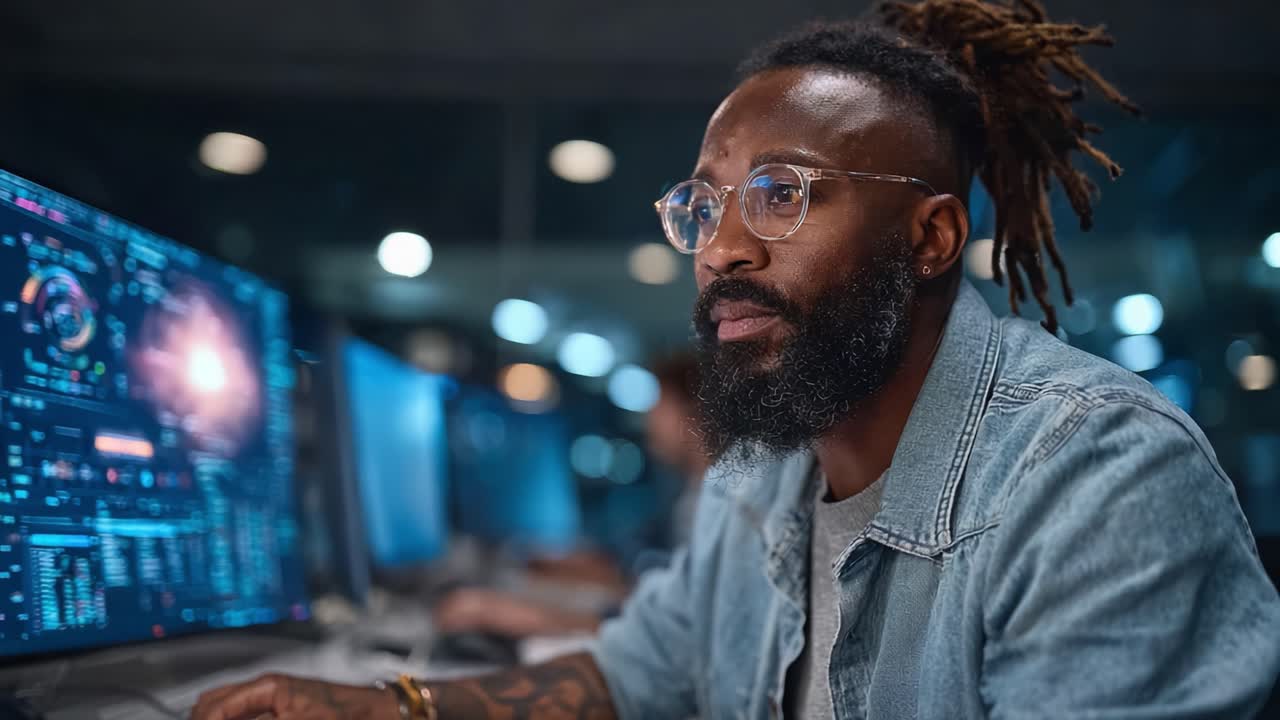 Focused Data Analyst Analyzing Complex Information on Multiple Monitors in a Modern Office Environment, Harnessing Technology for Insightful Decision Making
