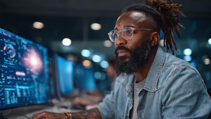 Focused Data Analyst Analyzing Complex Information on Multiple Monitors in a Modern Office Environment, Harnessing Technology for Insightful Decision Making