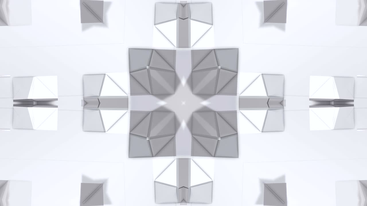 fondo abstracto geométrico blanco bajo como un efecto de vidriera o caleidoscopio en movimiento en 4k. animación 3d de bucle, imágenes sin costuras en el popular estilo bajo de poli. v3
