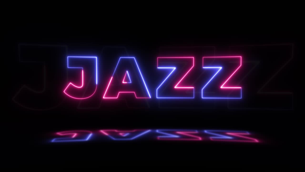 Neon glowing word 'JAZZ' on a black background with reflections on a floor. Neon glow signs in seamless loop motion graphic