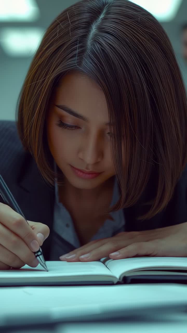 Vertical video: Opening notebook businesswoman steadying page and writing notes in office, with pen