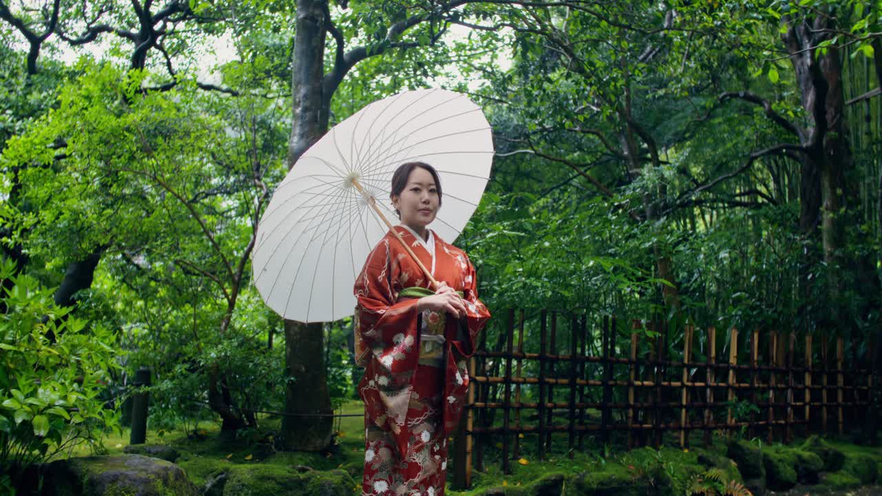Japanese Woman in Kimono with Umbrella in a Garden