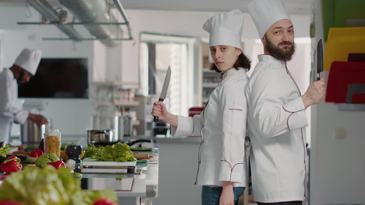 Portrait of chefs team acting funny with knives in restaurant kitchen
