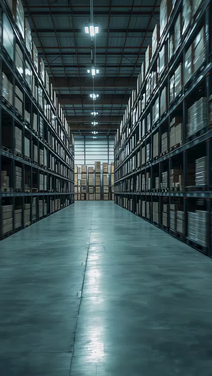 Vertical video: Sweeping camera at aisle entry advancing down warehouse aisle, revealing pallets