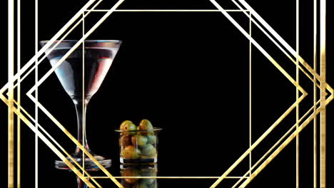 animation of pattern moving over cocktail glass with olives on black background