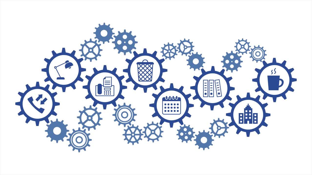 오피스 아이콘, 모션 그래픽, 기어 메커니즘, 스핀 기어