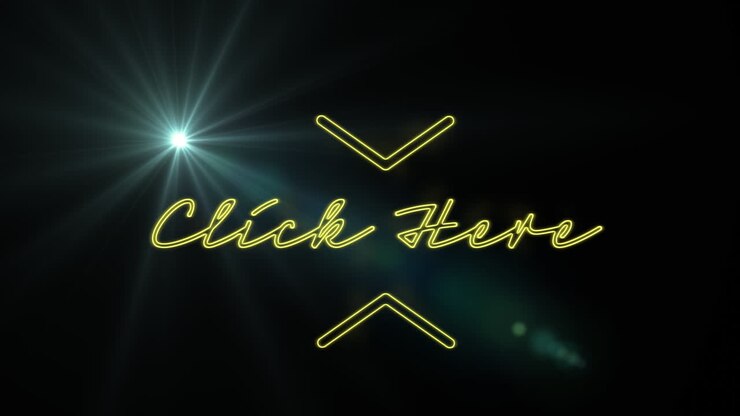 Animation of click here text with arrow symbols and lens flare against black background