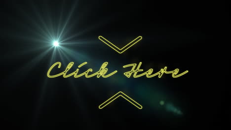 animation of click here text with arrow symbols and lens flare against black background