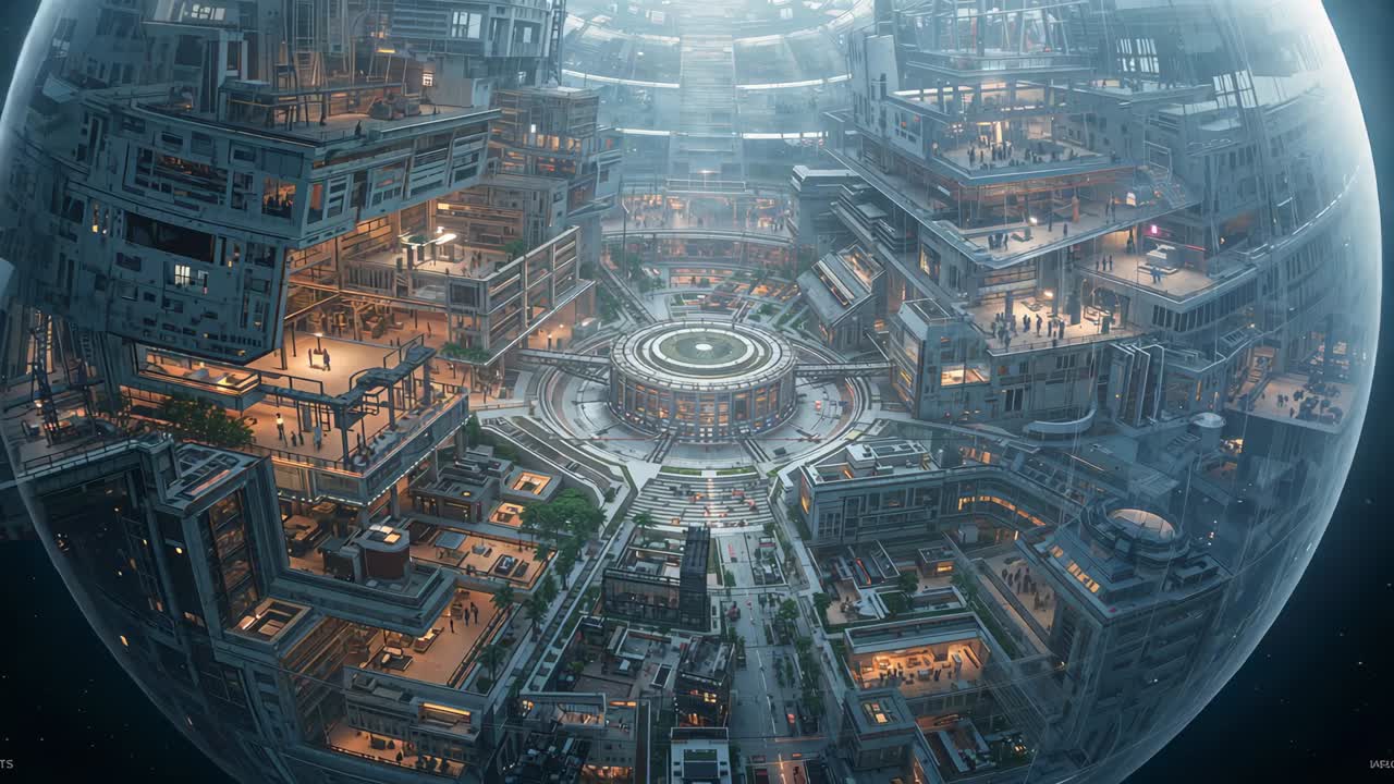 Camera initiating forward approach inside dome, revealing rotunda and pedestrians on walkways