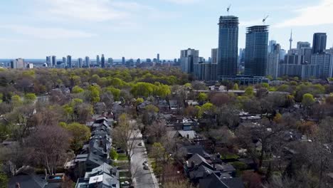 aerial shot of toronto suburban neighborhood in spring just outside the downtown core