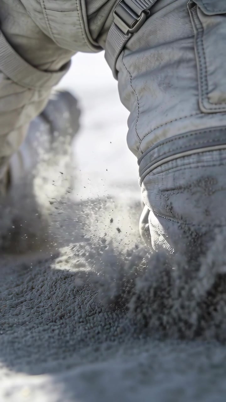 Vidéo verticale : Personne à genoux en pantalon cargo avançant sur le sable, le genou s'enfonçant et soulevant de la poussière